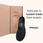 Foam impression box with a foot imprint beside a finished Stryder orthotic, showing that every pair is custom made from scratch