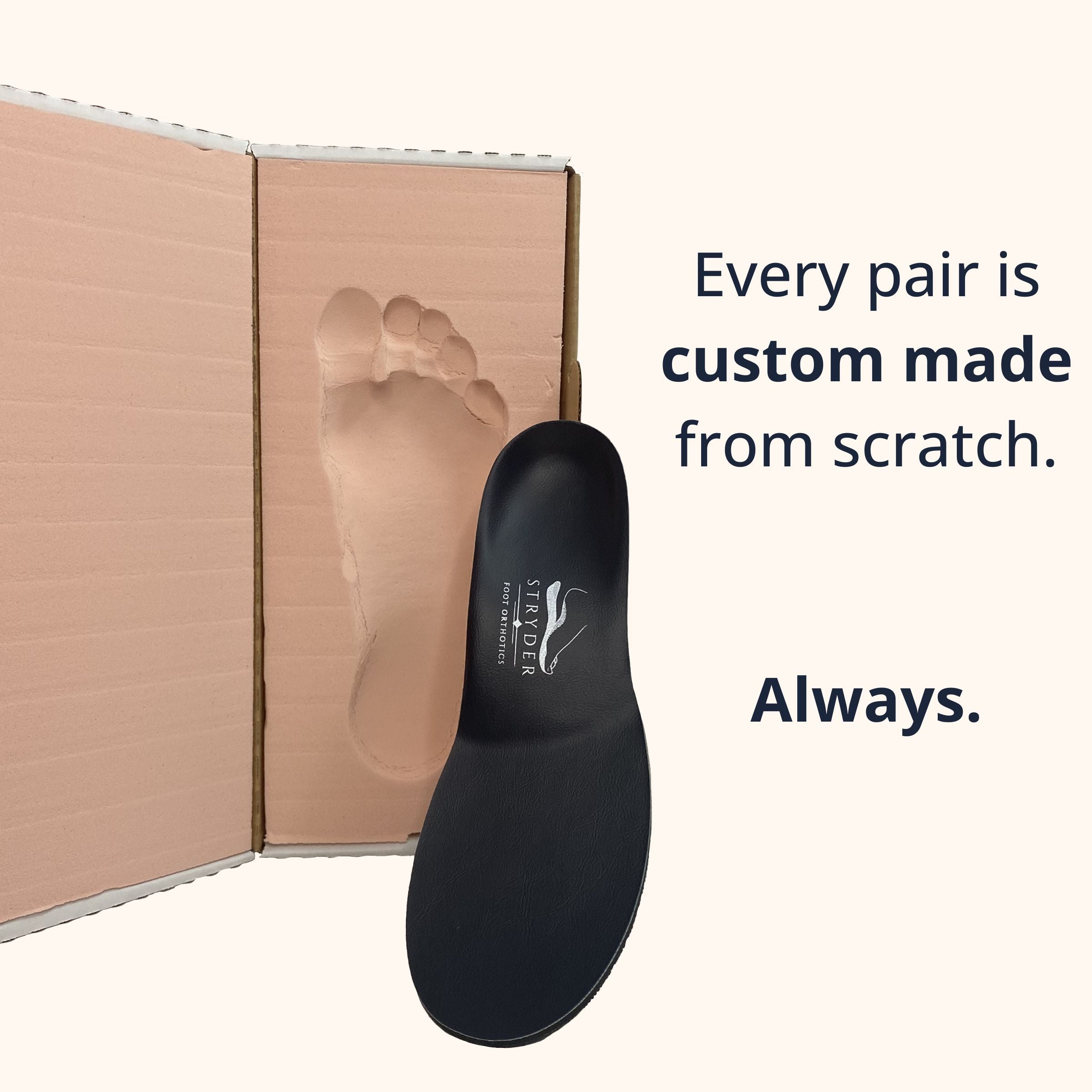 Foam impression box with a foot imprint beside a finished Stryder orthotic, showing that every pair is custom made from scratch