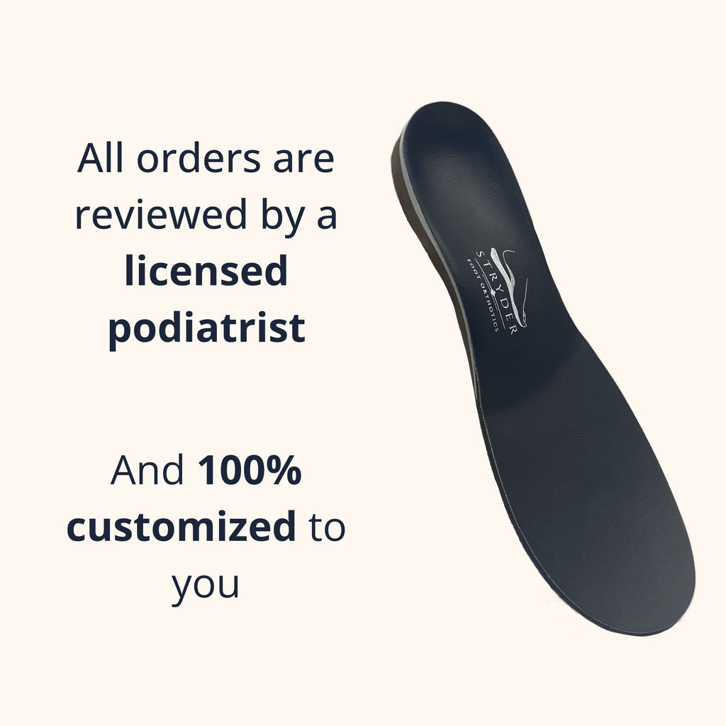 Angled view of a Stryder custom orthotic insole, with all orders reviewed by a licensed podiatrist and 100% customized to you