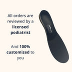 Angled view of a Stryder custom orthotic insole, with all orders reviewed by a licensed podiatrist and 100% customized to you