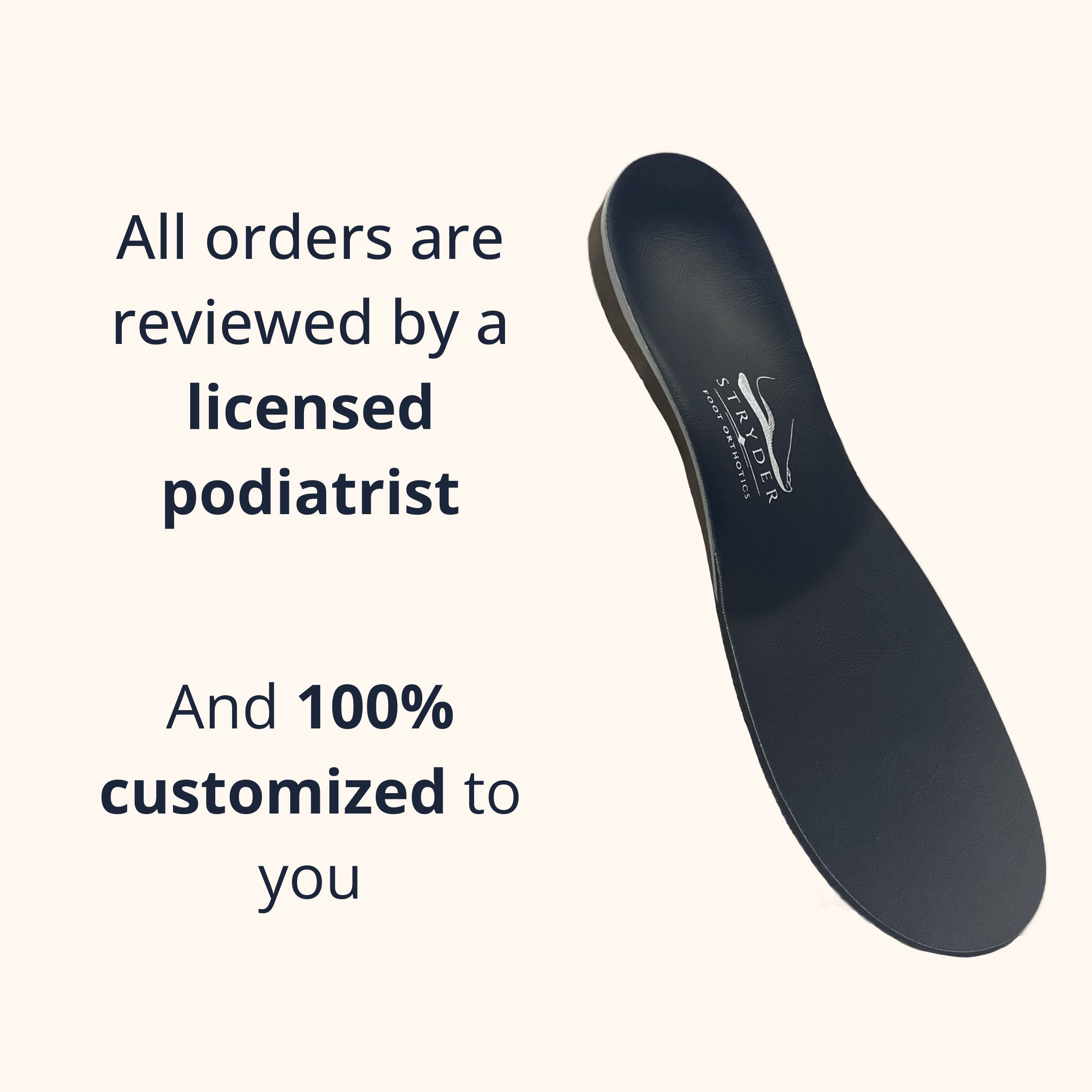 Angled view of a Stryder custom orthotic insole, with all orders reviewed by a licensed podiatrist and 100% customized to you